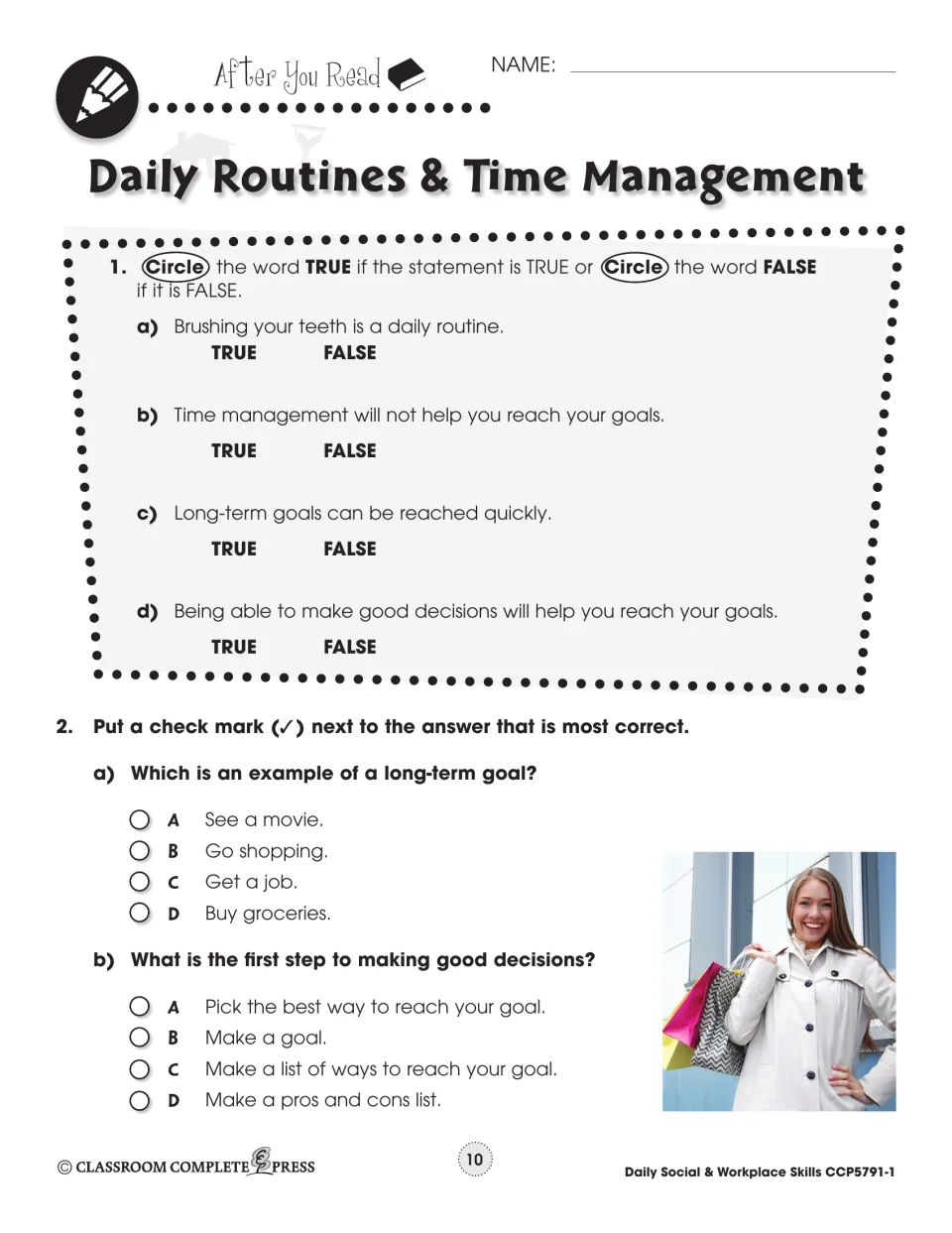 After You Read quiz on routines and goals: students circle true or false for four statements and pick two best answers