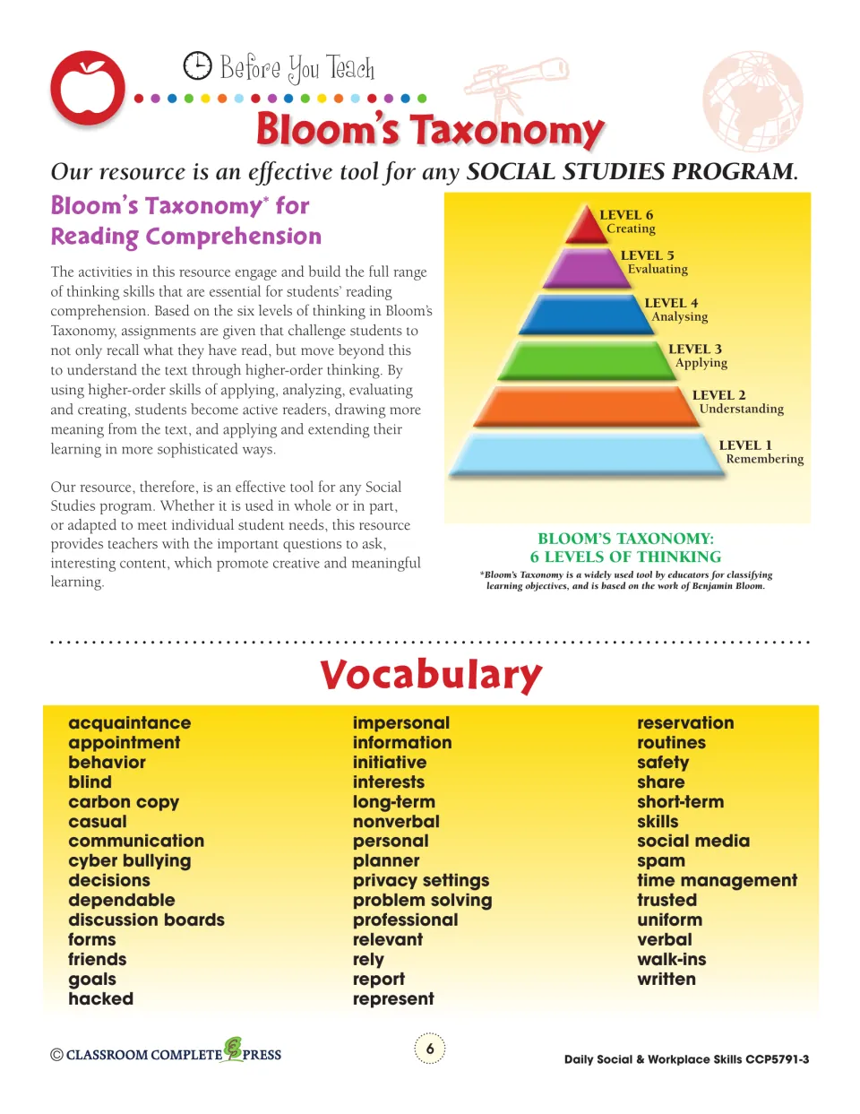 Bloom's taxonomy pyramid of six thinking levels and a vocabulary list from acquaintance to written for the unit