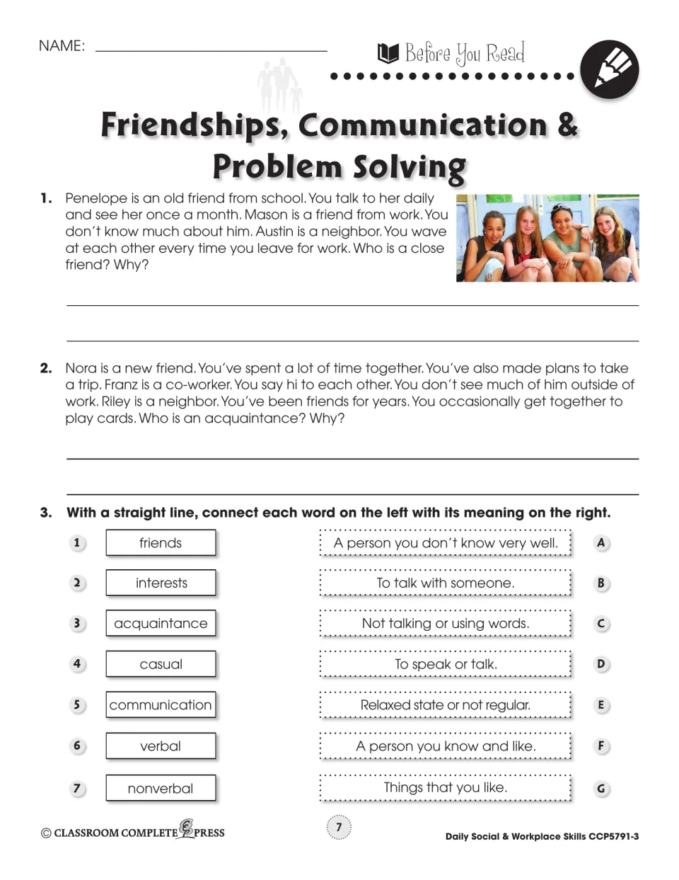 Before you read: students decide who is a close friend or acquaintance and match 7 words like verbal to their meanings