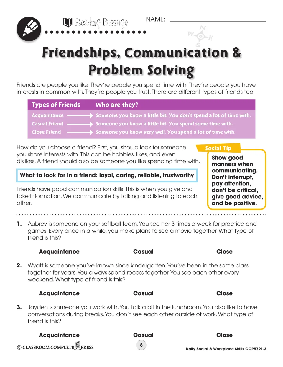 Types of friends reading on acquaintance, casual and close friends; students classify Aubrey, Wyatt and Jayden