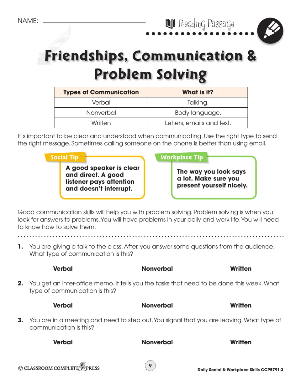 Types of communication reading on verbal, nonverbal and written messages; students identify the type in 3 scenarios