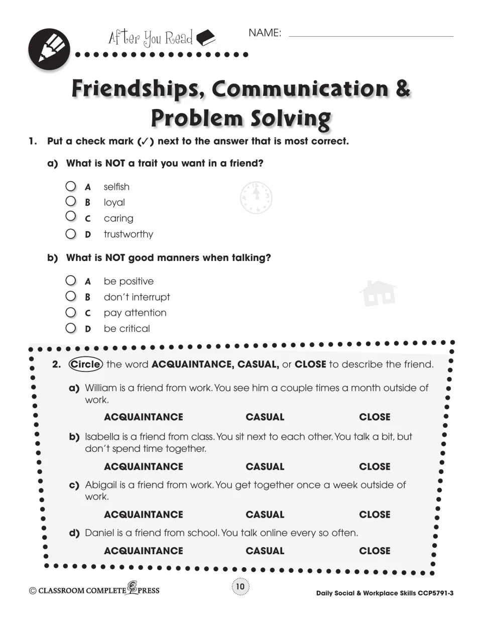 After you read: students check traits not wanted in a friend and circle acquaintance, casual or close for 4 friends