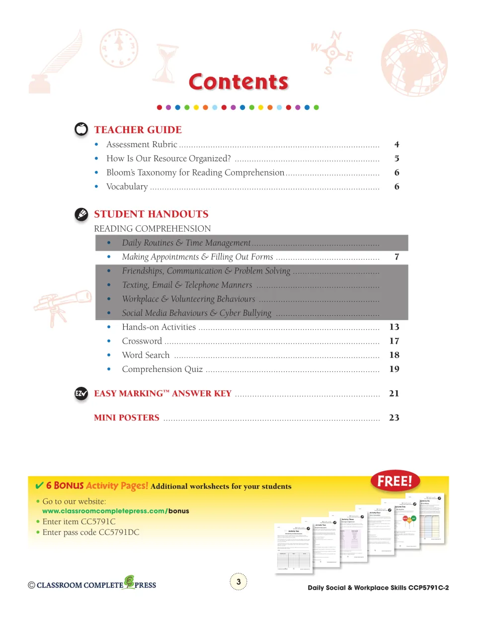 Contents: teacher guide, appointments reading, hands-on activities, crossword, word search, quiz, answer key, posters