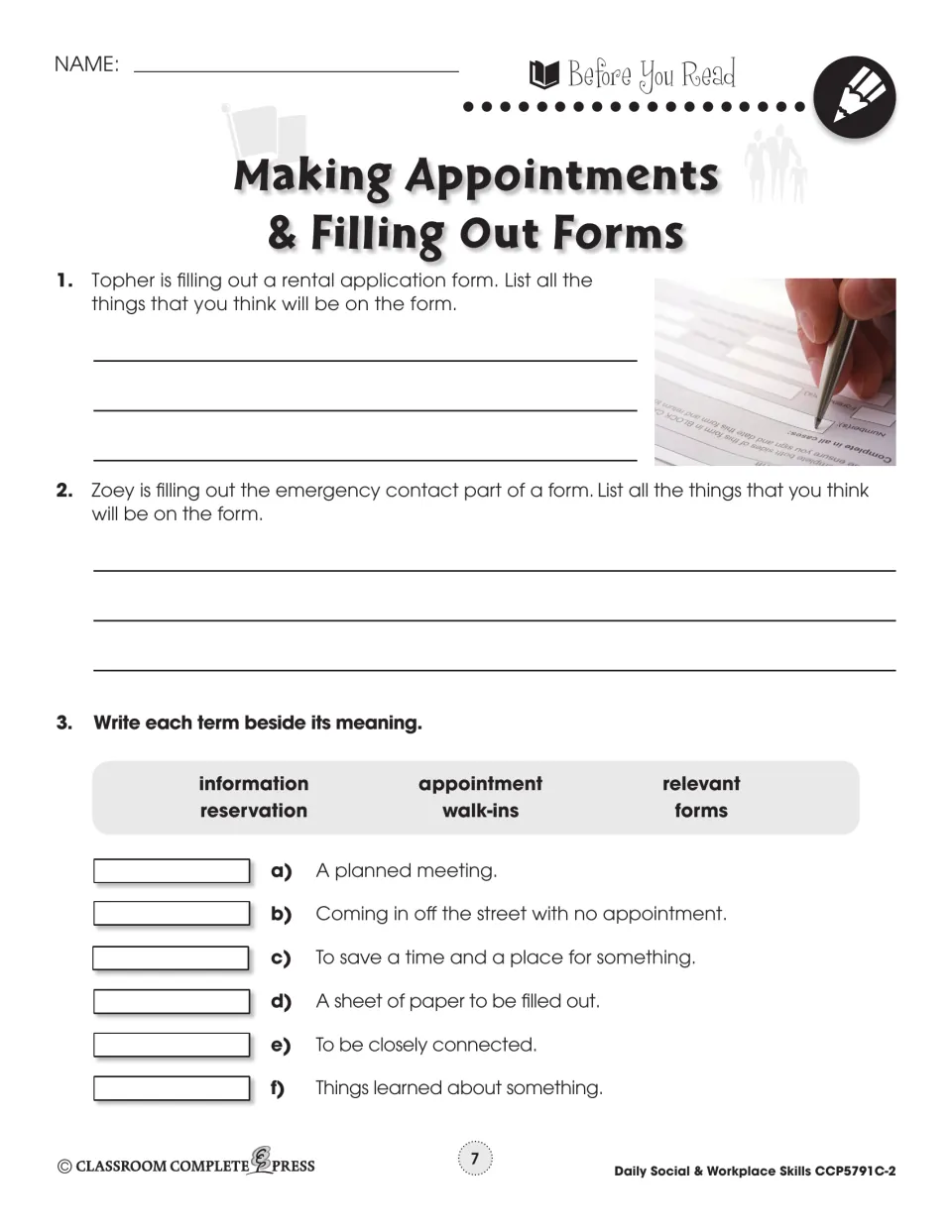 Before you read: students list what a rental application and emergency contact form ask for, then match 6 terms to meanings