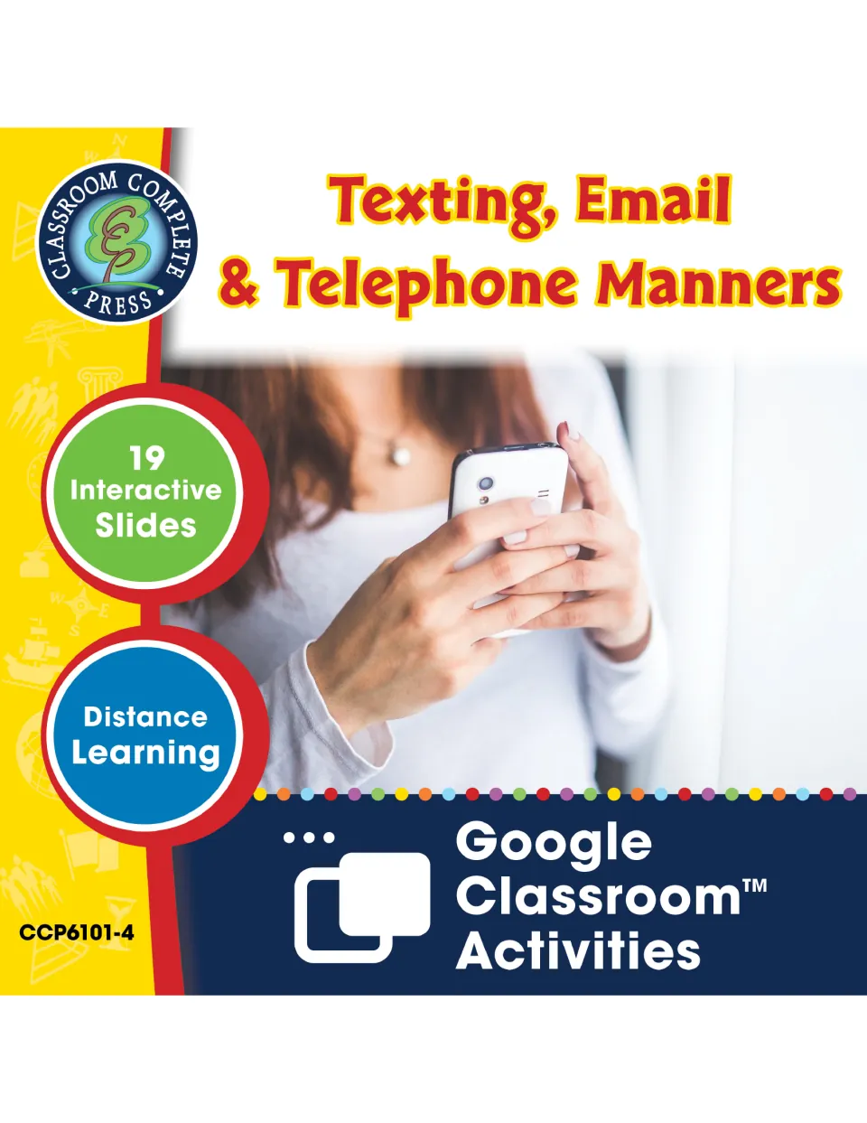 Texting, Email & Telephone Manners cover: 19 interactive Google Classroom slides for distance learning