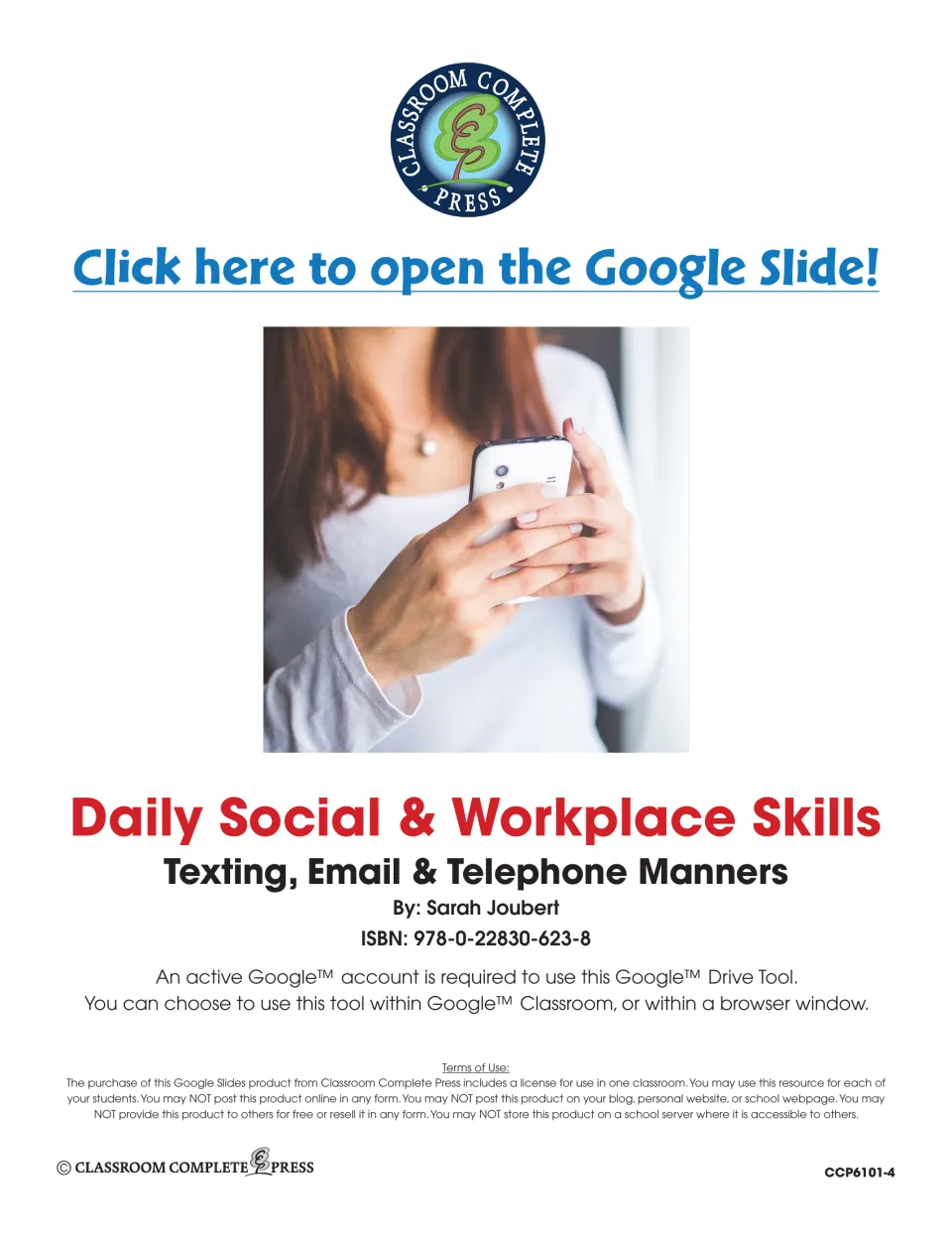 Daily Social & Workplace Skills title page by Sarah Joubert with a link to open the slides and one-classroom terms of use