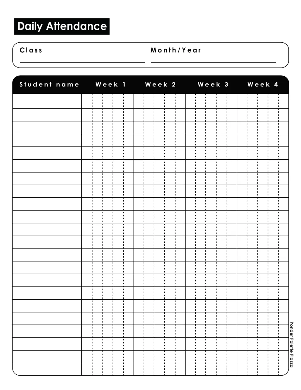 Class roster titled Daily Attendance, with a Student name heading and Week 1-4 day slots for tracking who is present
