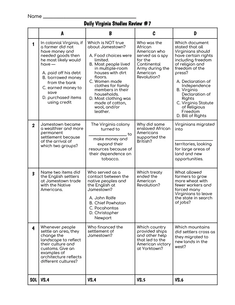 Daily Virginia Studies Review #7 (SOLs 4, 5, and 6) – cover