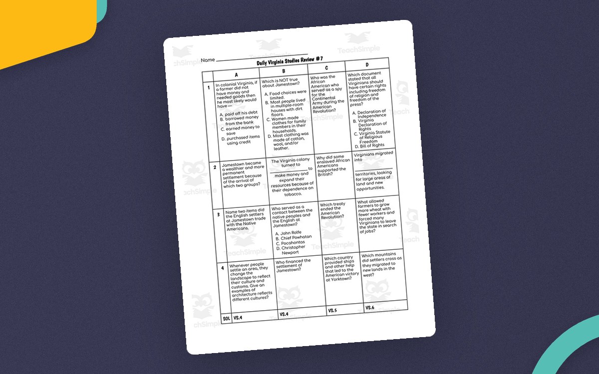 Daily Virginia Studies Review number 7 worksheet with a four-by-four grid of questions and answer choices.