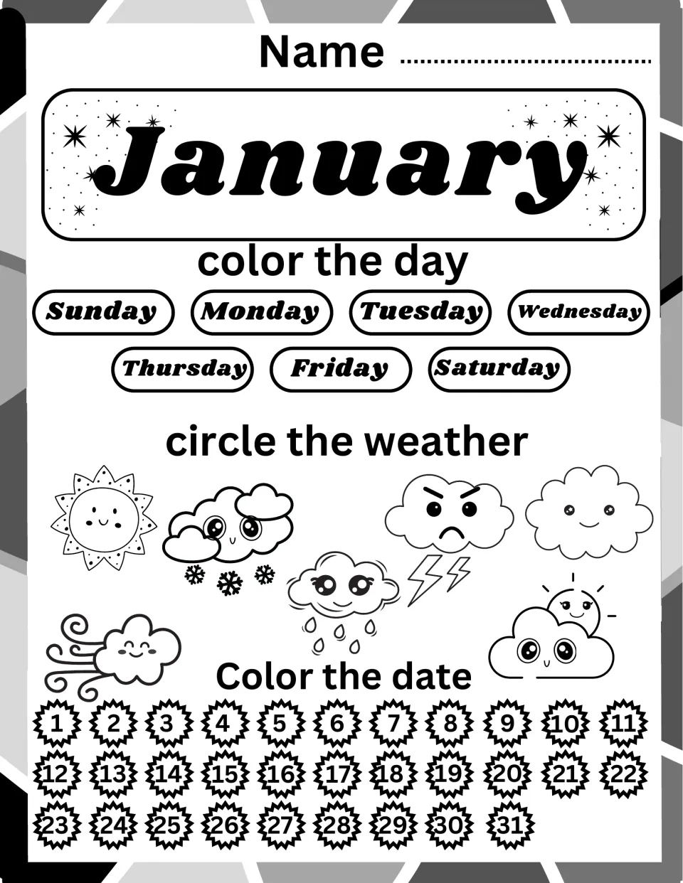 January daily calendar: students color today's weekday, circle the weather icon and color the date from 1 to 31