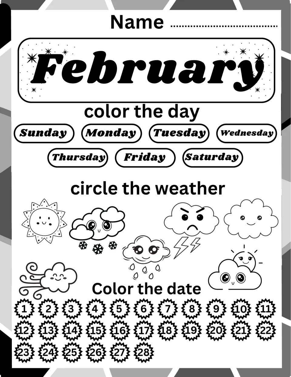 February calendar page: color the day of the week, circle sun, snow, rain, wind or storm, and color dates 1 to 28