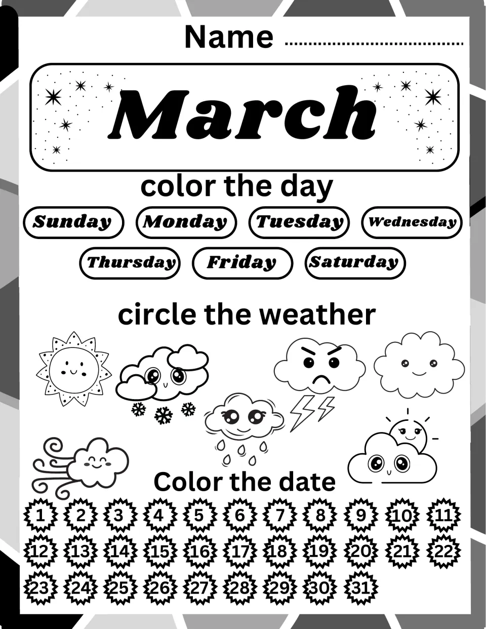 March daily calendar: students pick the weekday to color, circle one of seven weather pictures and color dates 1-31