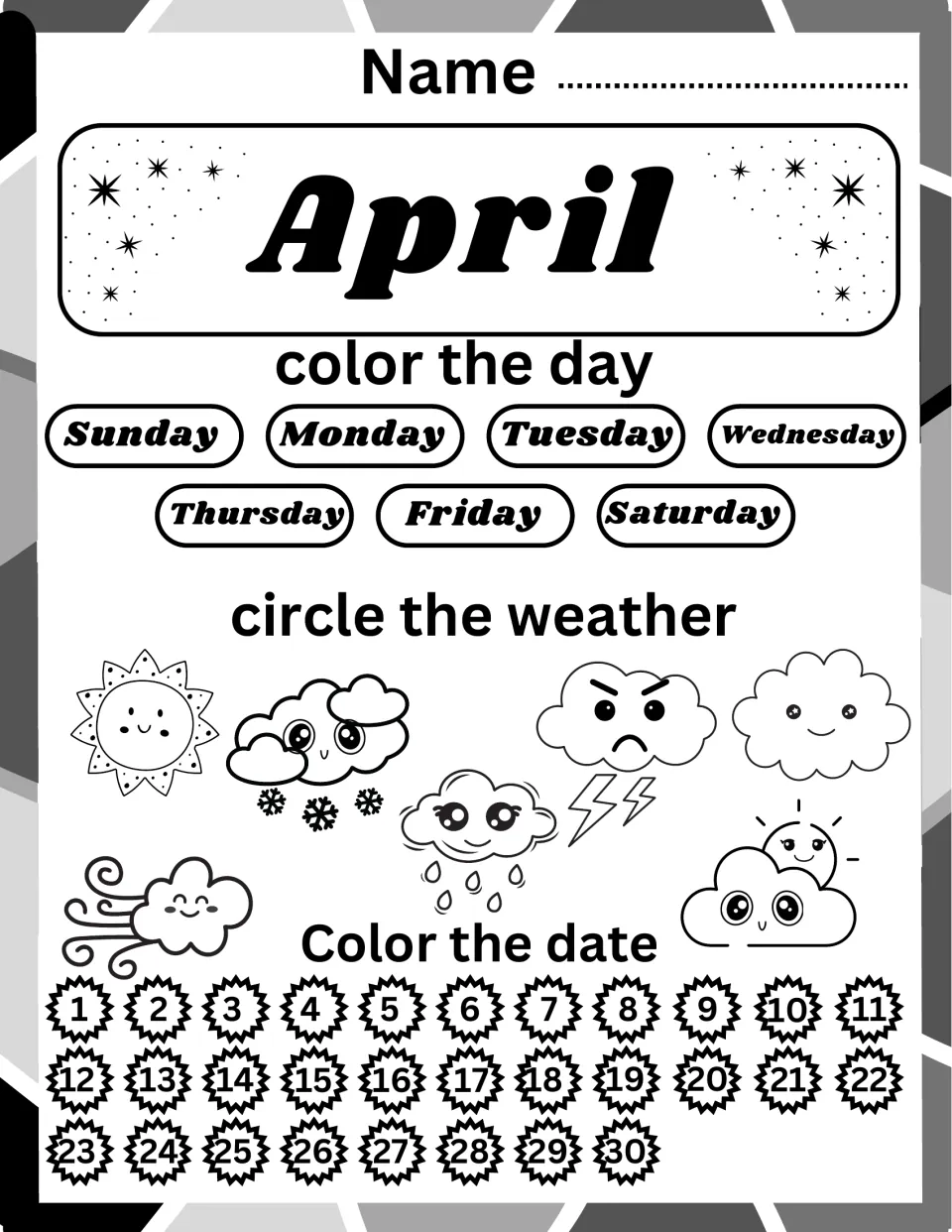 April calendar routine: color the day name, circle today's weather and color the date on a 1 to 30 number set