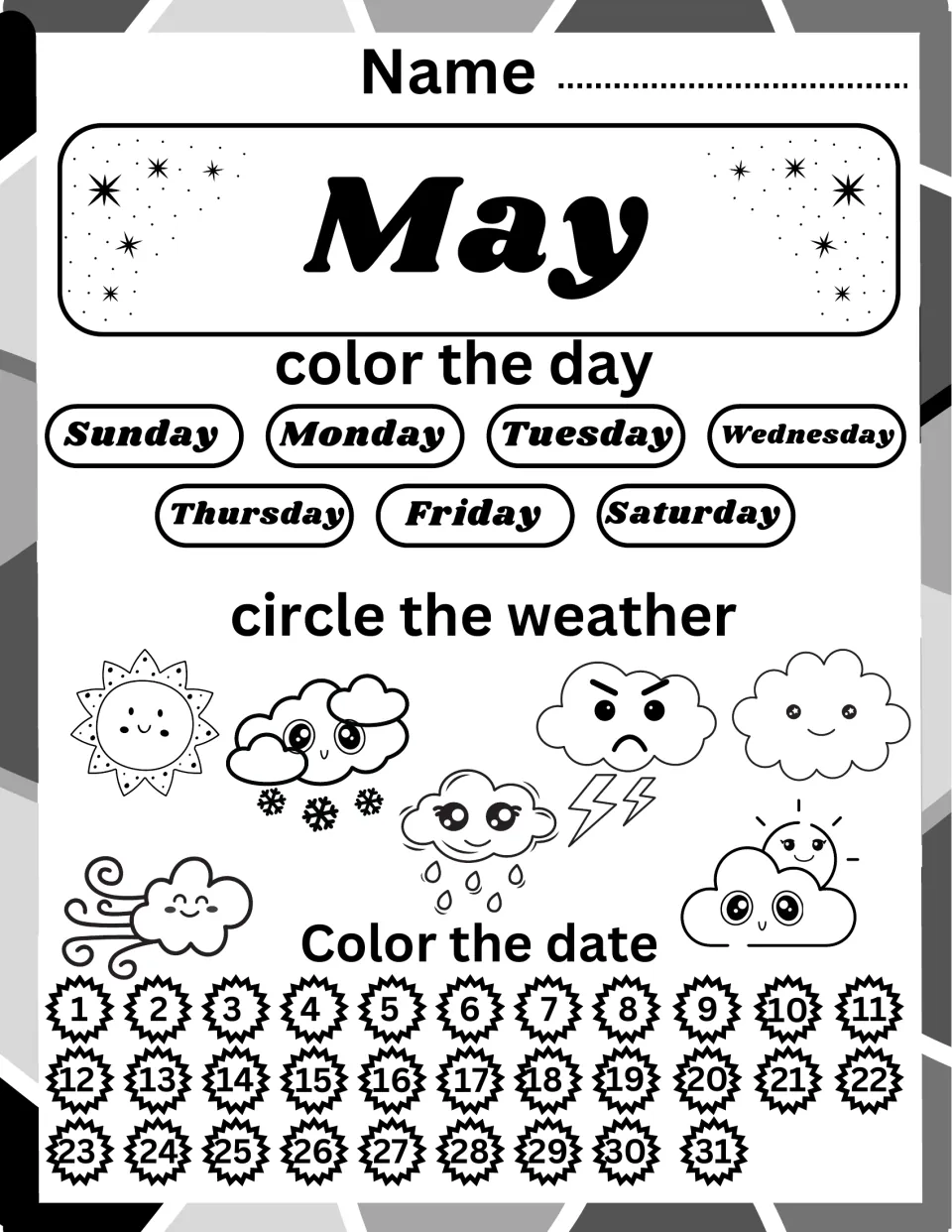May daily calendar: students identify the weekday, circle sunny, cloudy, rainy or windy weather and color dates 1-31