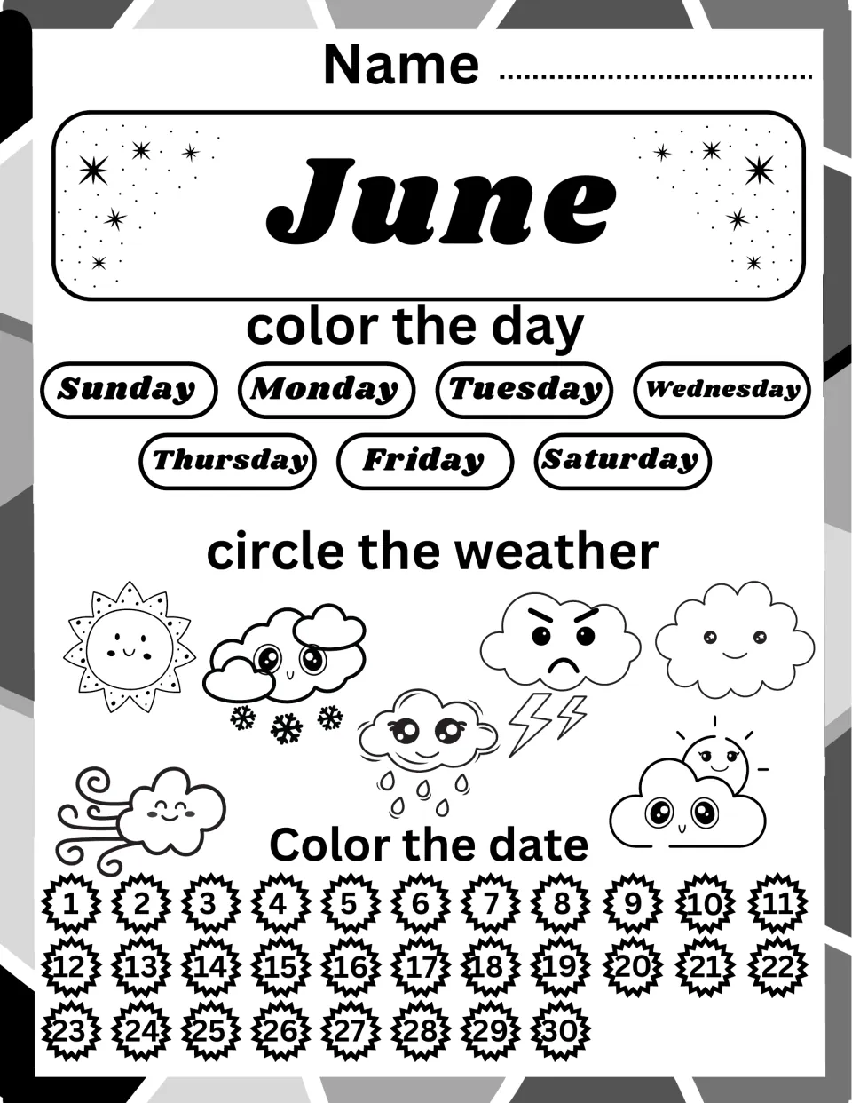 June calendar check-in: color the current day of the week, circle the weather picture and color a date up to 30