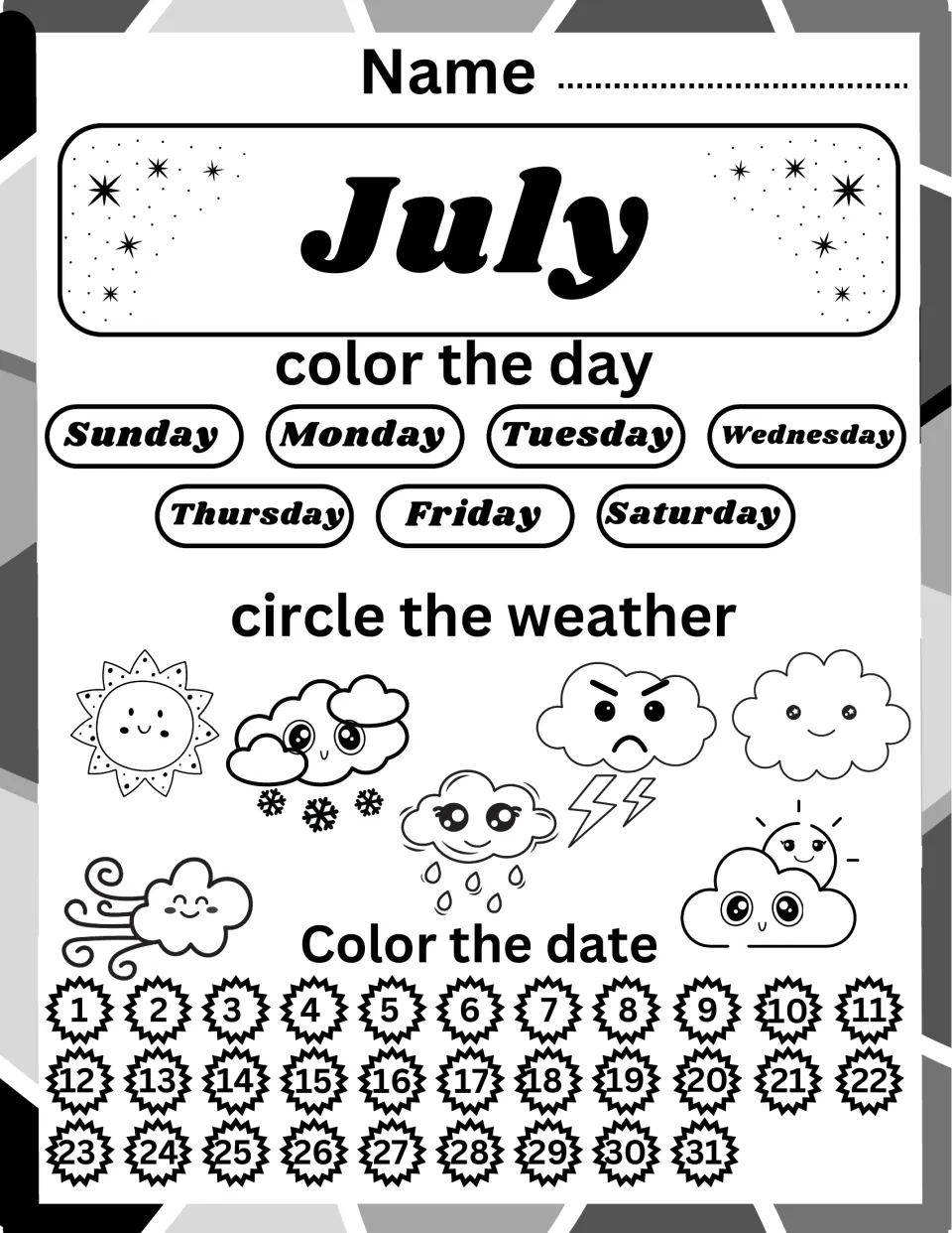 July daily calendar: students color Sunday through Saturday labels, circle the weather and color dates from 1 to 31