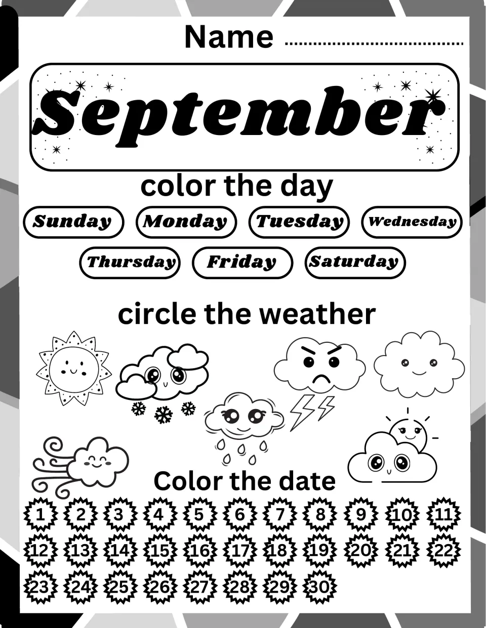 September daily calendar: students color the day name, circle a cartoon weather symbol and color dates 1 to 30
