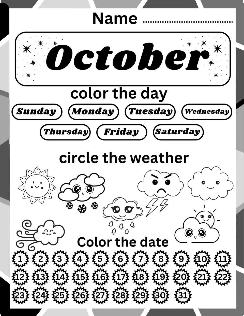 October calendar routine: students color today's weekday, record the weather by circling it and color a date 1-31
