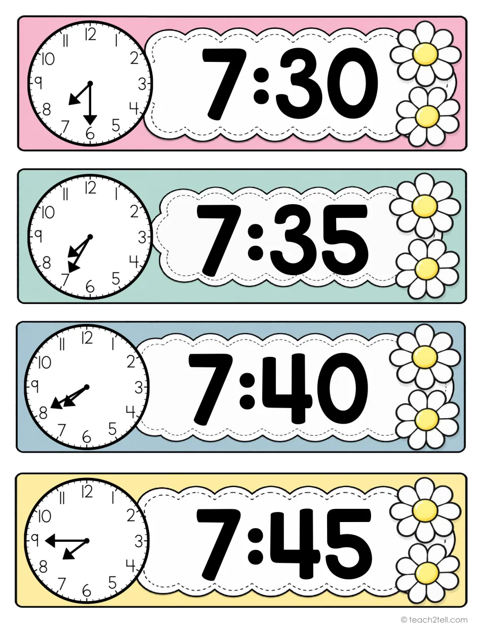 Classroom schedule time cards 1–4: 7:30, 7:35, 7:40, and 7:45, with analog clocks and digital times.