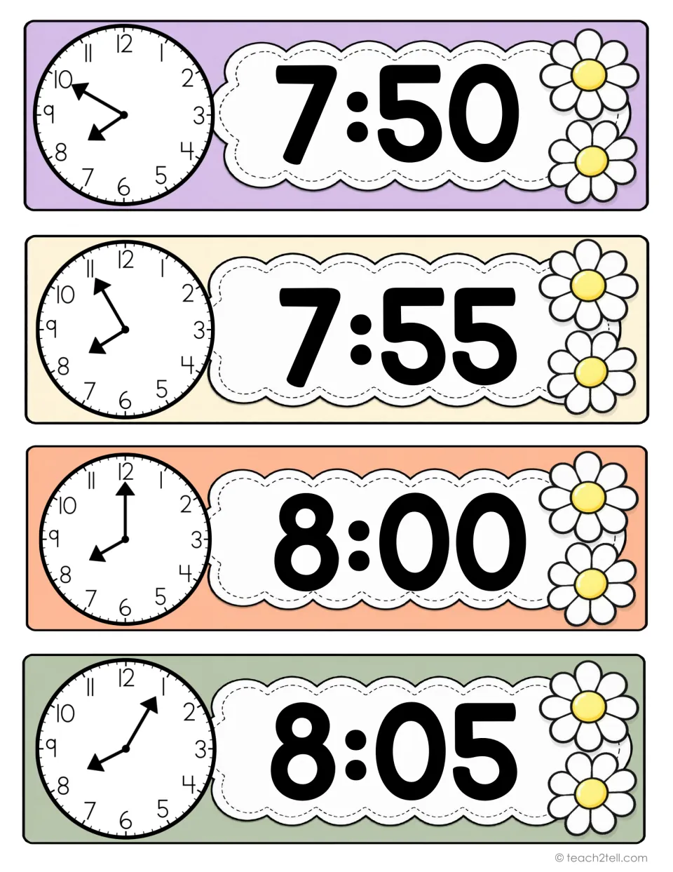 Classroom schedule time cards 5–8: 7:50, 7:55, 8:00, and 8:05, with analog clocks and digital times.