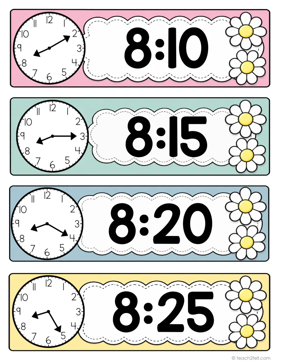Classroom schedule time cards 9–12: 8:10, 8:15, 8:20, and 8:25, with analog clocks and digital times.