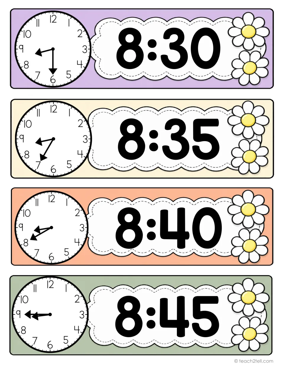 Classroom schedule time cards 13–16: 8:30, 8:35, 8:40, and 8:45, with analog clocks and digital times.
