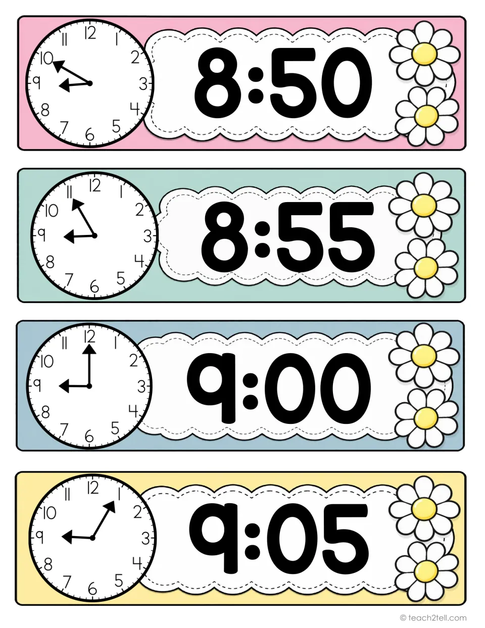 Classroom schedule time cards 17–20: 8:50, 8:55, 9:00, and 9:05, with analog clocks and digital times.
