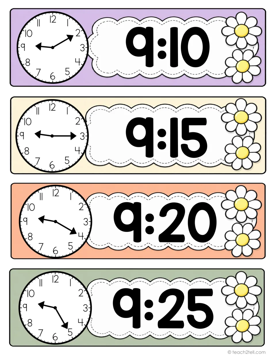 Classroom schedule time cards 21–24: 9:10, 9:15, 9:20, and 9:25, with analog clocks and digital times.