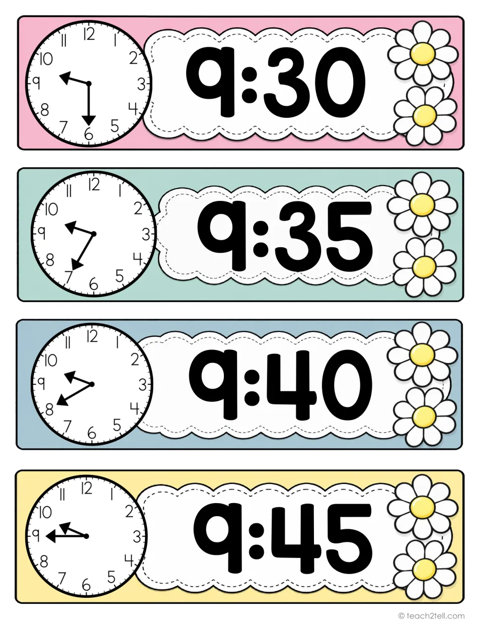 Classroom schedule time cards 25–28: 9:30, 9:35, 9:40, and 9:45, with analog clocks and digital times.
