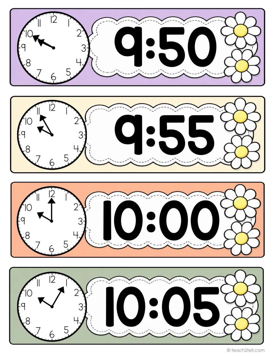 Classroom schedule time cards 29–32: 9:50, 9:55, 10:00, and 10:05, with analog clocks and digital times.