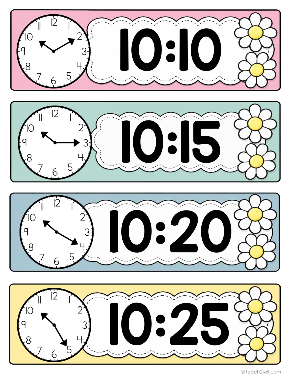 Classroom schedule time cards 33–36: 10:10, 10:15, 10:20, and 10:25, with analog clocks and digital times.