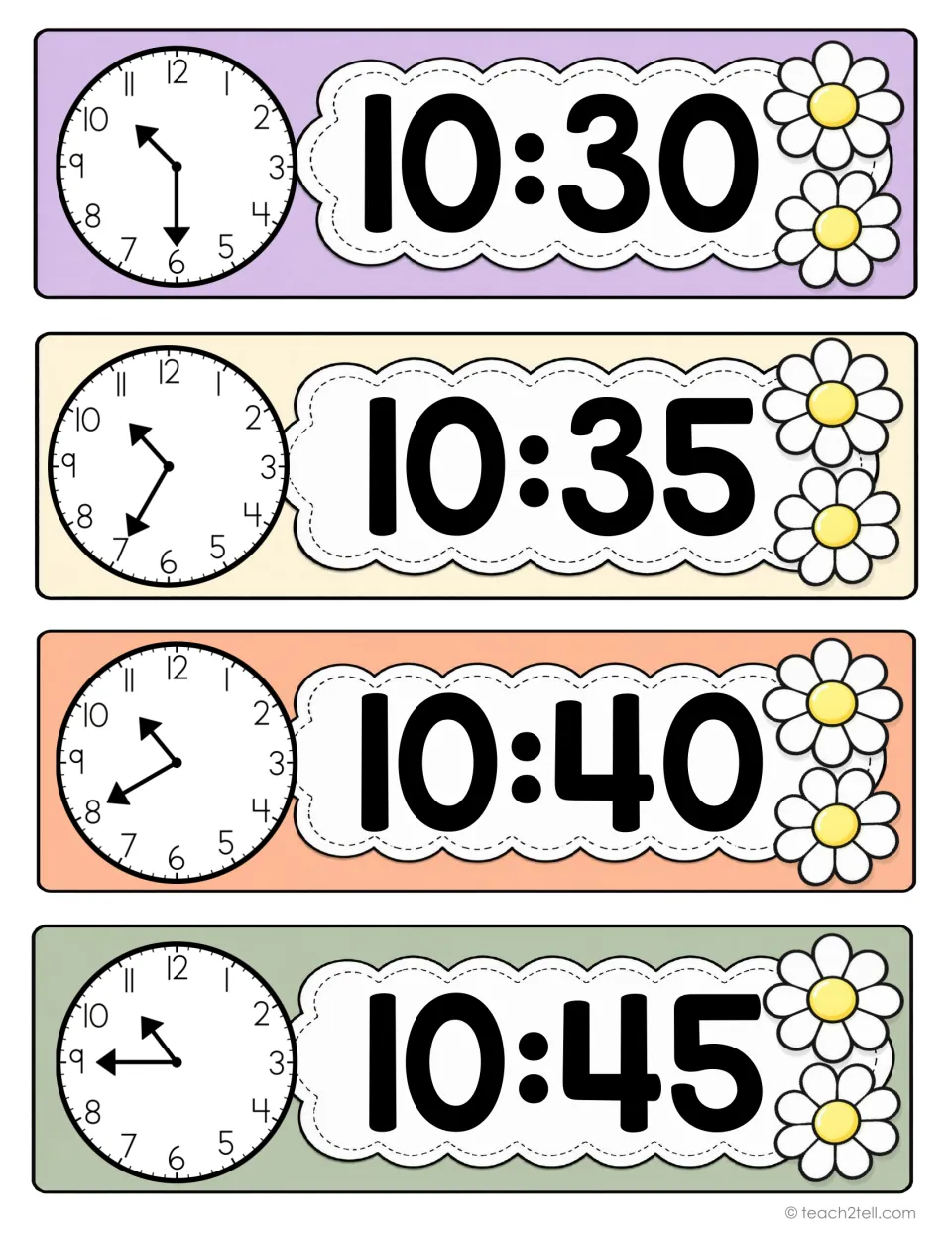 Classroom schedule time cards 37–40: 10:30, 10:35, 10:40, and 10:45, with analog clocks and digital times.