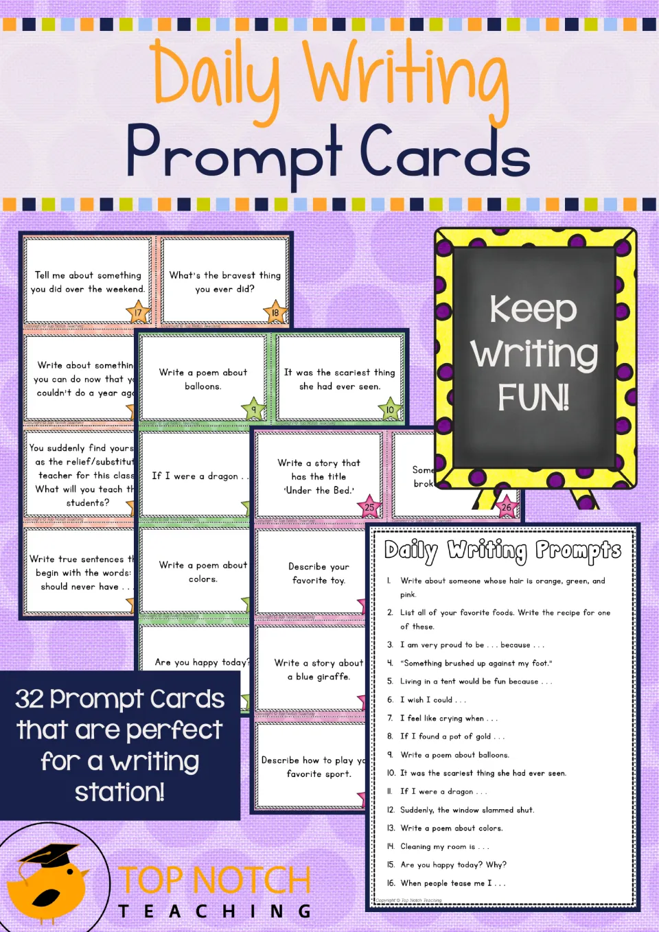 Daily Writing Prompt Cards cover: 32 prompt cards for a writing station, shown with colored cards and a prompt list