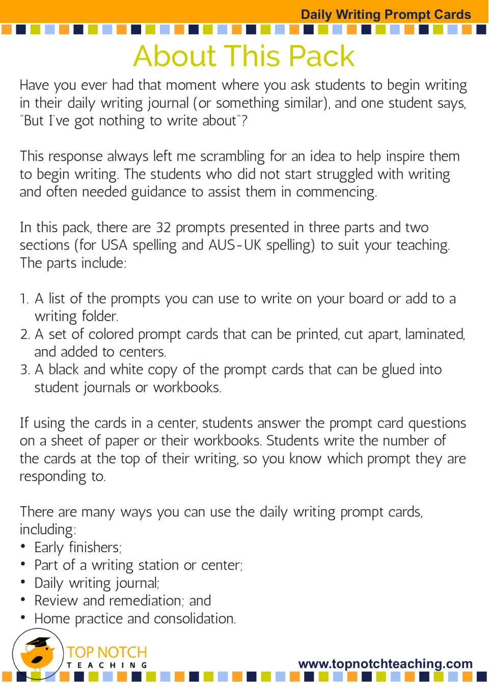 About This Pack: teacher notes on 32 prompts in USA and AUS-UK spelling, three card formats and ways to use them