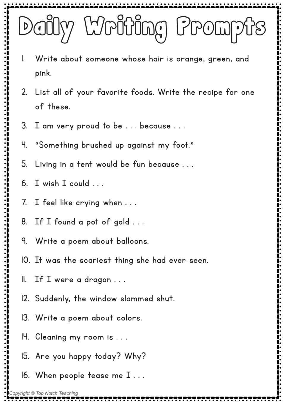 Writing prompts 1 to 16 list: story starters such as a dragon and a pot of gold, plus poems about balloons and colors