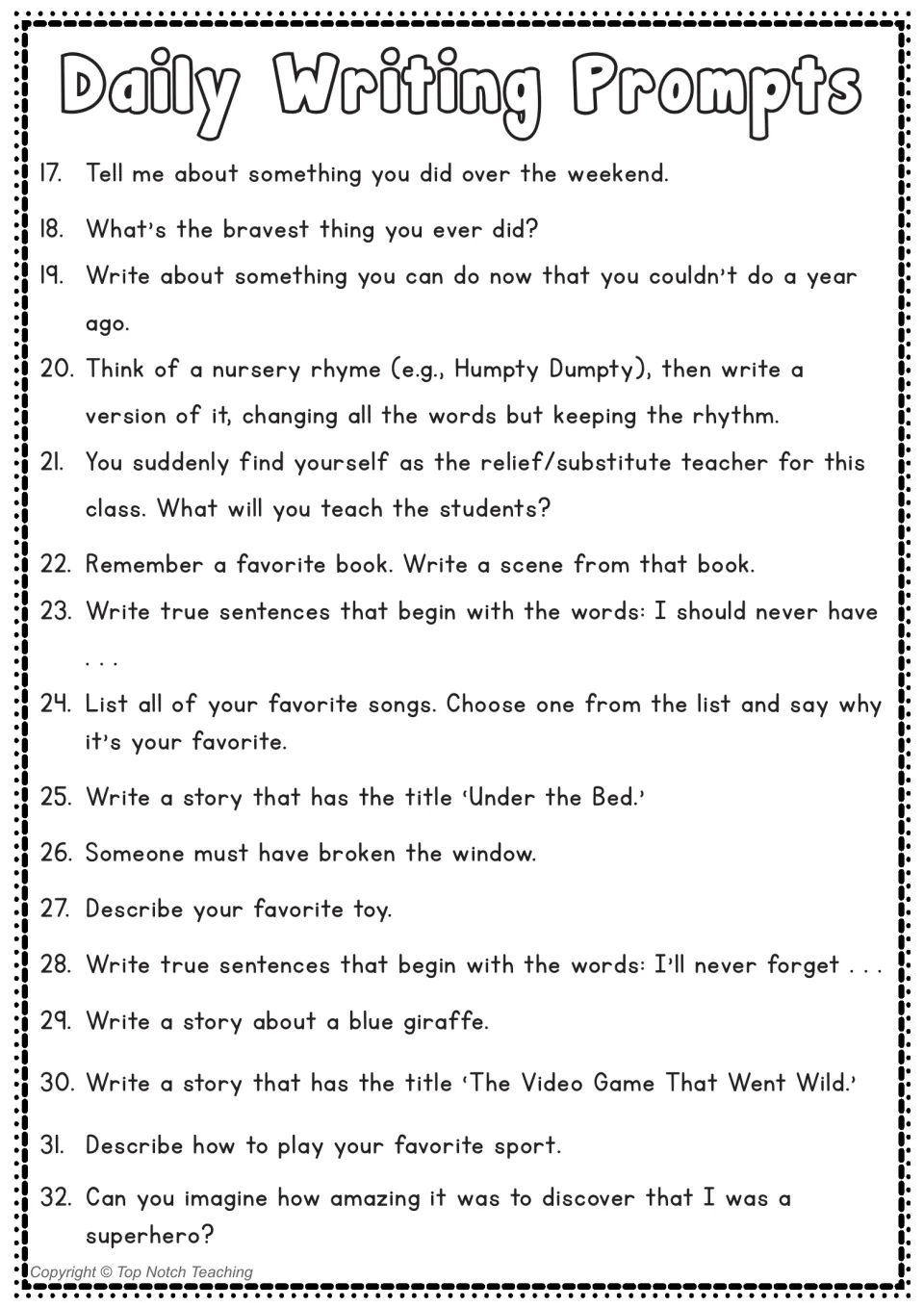Writing prompts 17 to 32 list: personal narratives, a nursery rhyme rewrite and a story titled 'Under the Bed'