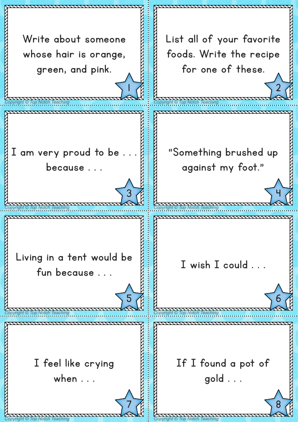 Blue prompt cards 1 to 8: students finish sentence starters like I wish I could and If I found a pot of gold