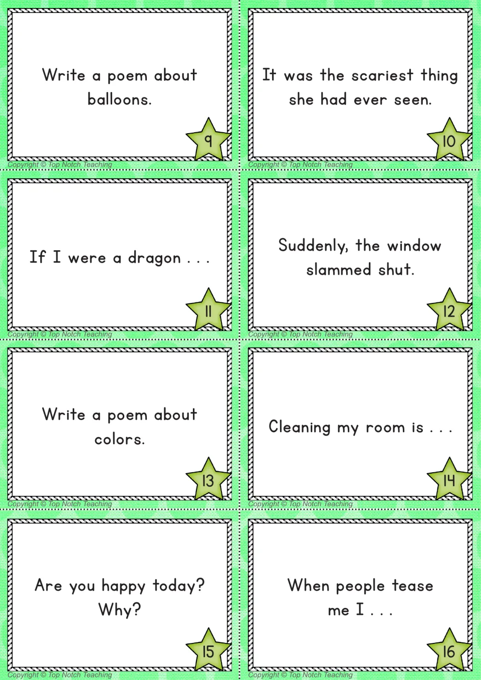 Green prompt cards 9 to 16: poems about balloons and colors, a dragon story starter and Are you happy today? Why?