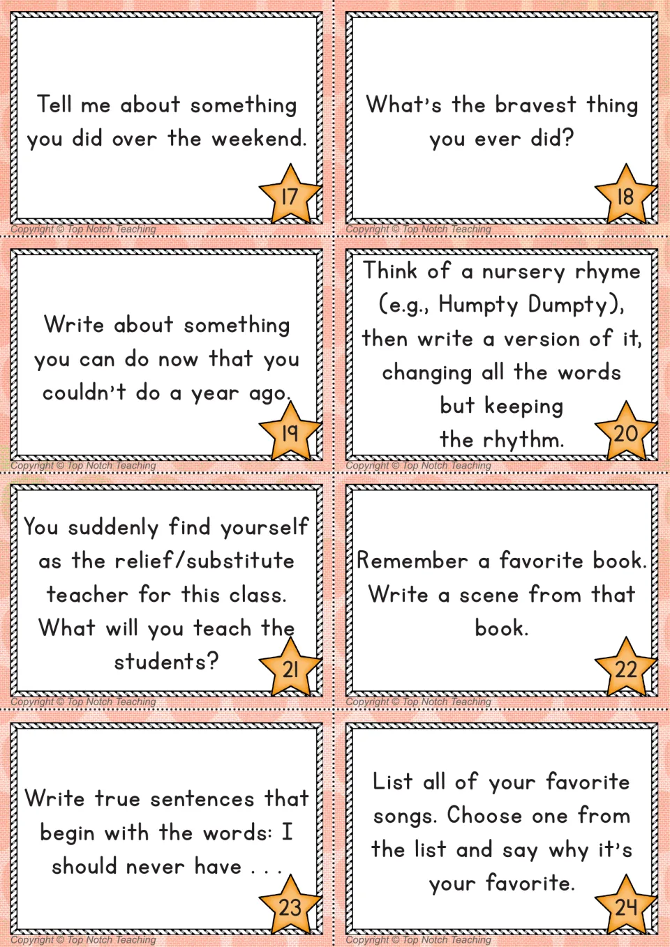 Orange prompt cards 17 to 24: personal writing about the weekend, bravest moments, a favorite book and favorite songs