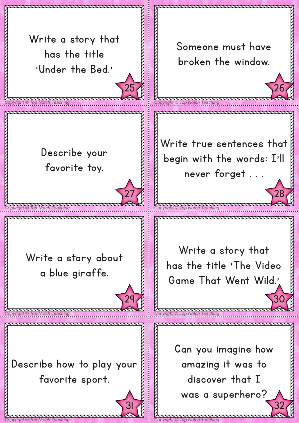 Pink prompt cards 25 to 32: stories about a blue giraffe and a wild video game, a favorite toy and favorite sport