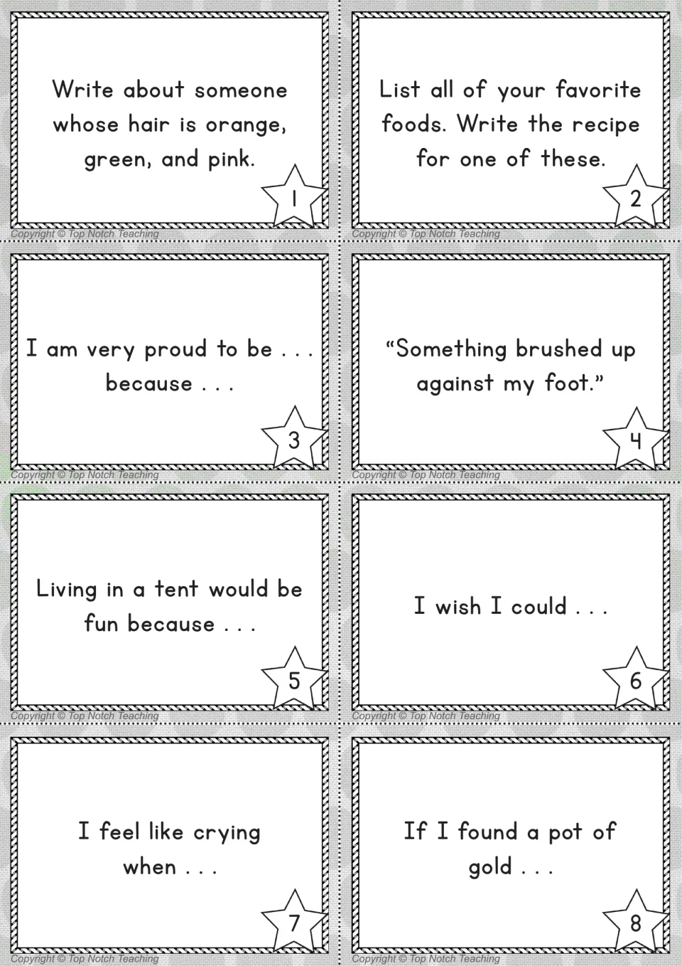 Black and white prompt cards 1 to 8 for journals: orange, green and pink hair, a tent, a pot of gold and more