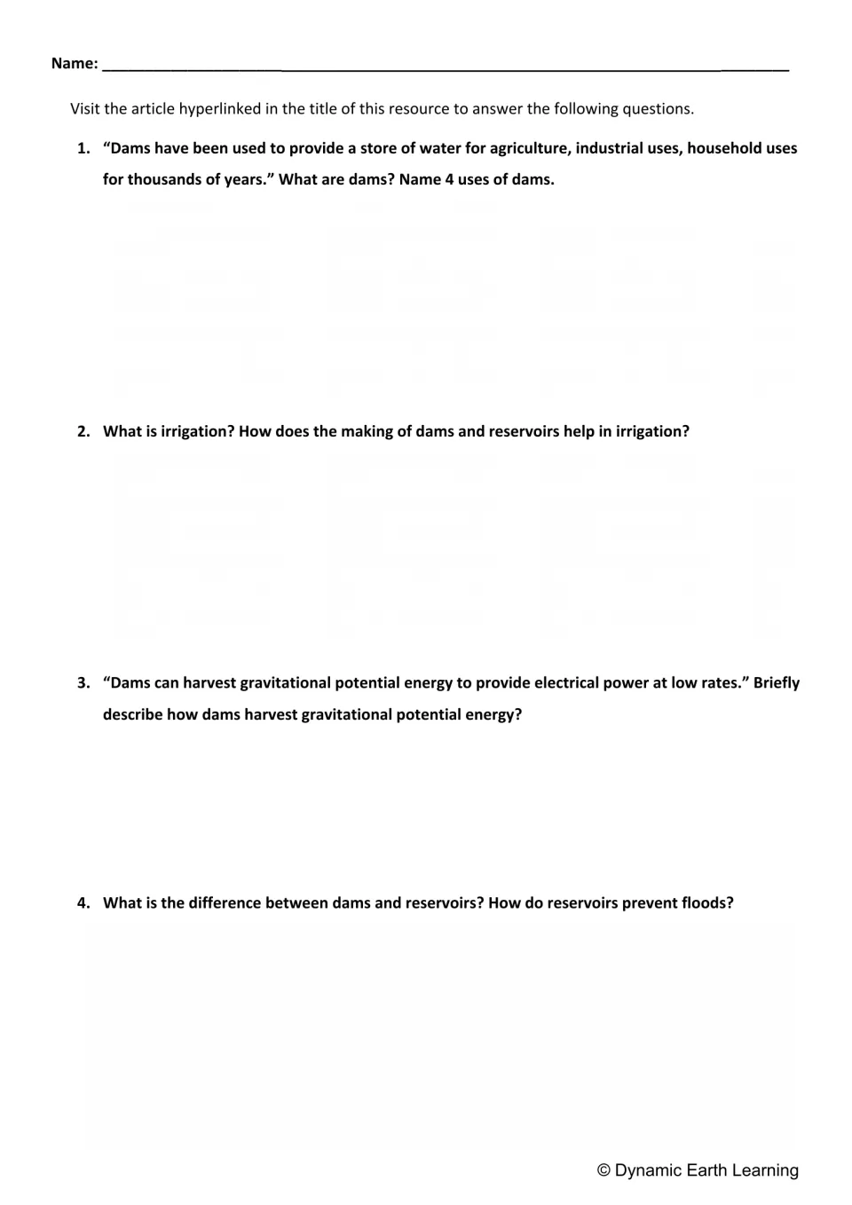 Uses of dams: students read a linked article and explain irrigation, hydropower, flood control and dams vs reservoirs