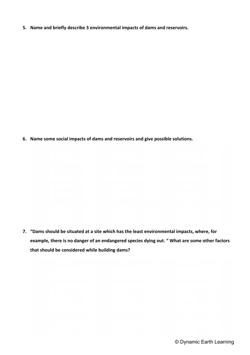 Dam impacts: students describe 3 environmental effects, social effects with solutions, and other factors for siting a dam