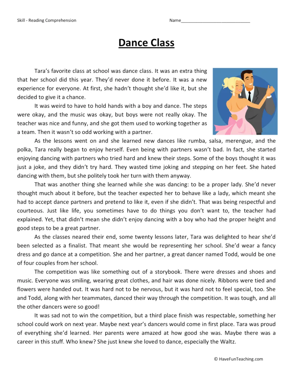 Dance Class story: students read about Tara learning rumba, salsa and polka and competing with her partner Todd