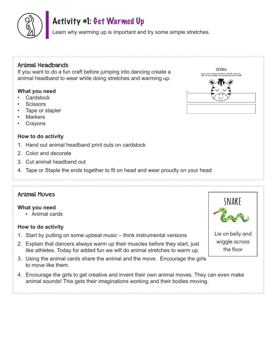Get Warmed Up activity instructions for making animal headbands and using animal cards to practice movements