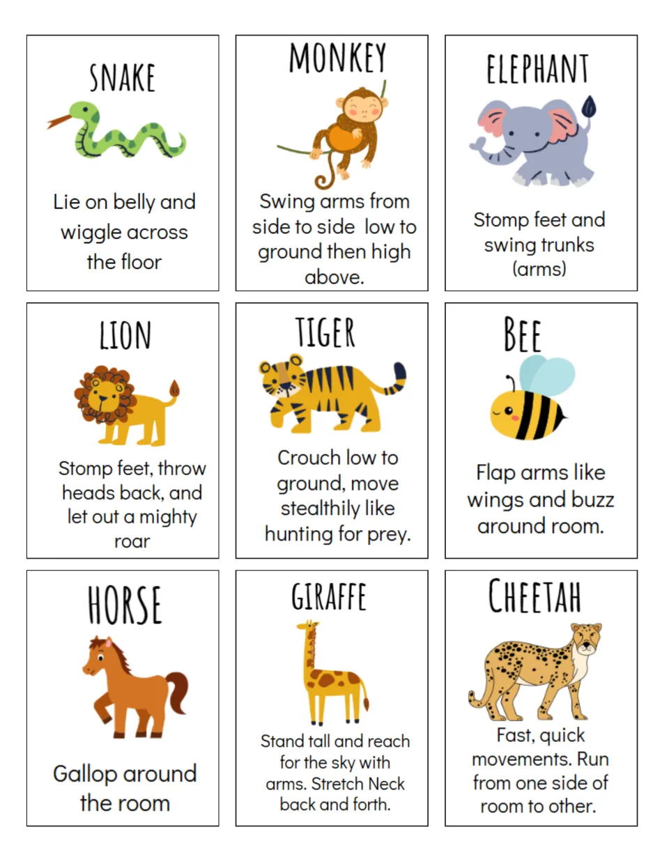 Nine animal warm-up cards: snake, monkey, elephant, lion, tiger, bee, horse, giraffe, and cheetah movements
