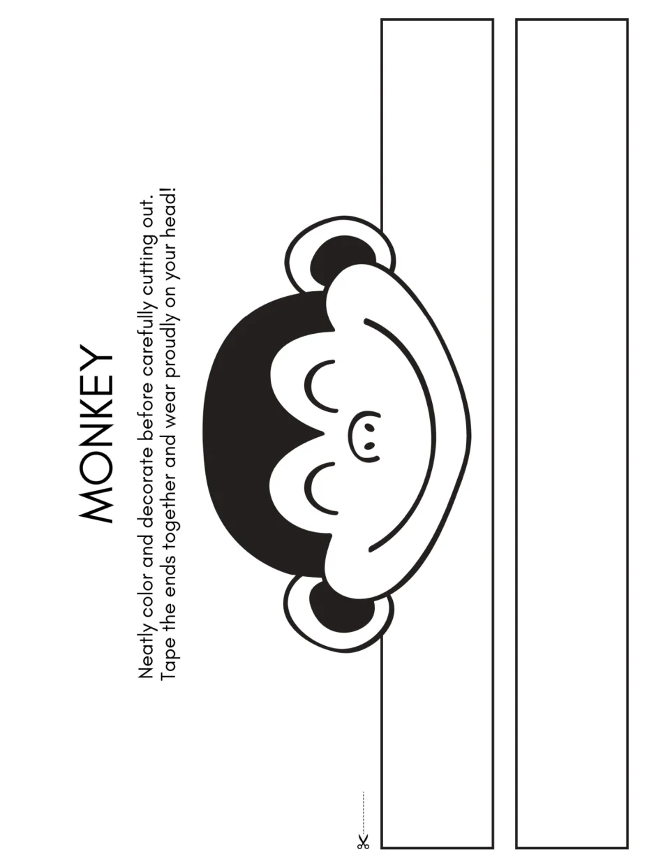 Monkey headband template for the dance warm-up craft, with directions to color, cut, and tape ends together