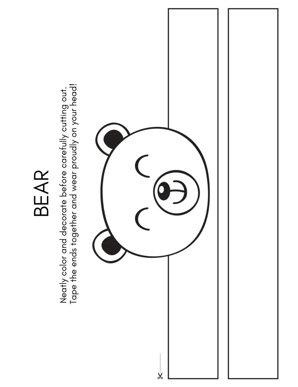 Bear headband template for the dance warm-up craft, with a bear face to color, cut out, and tape together