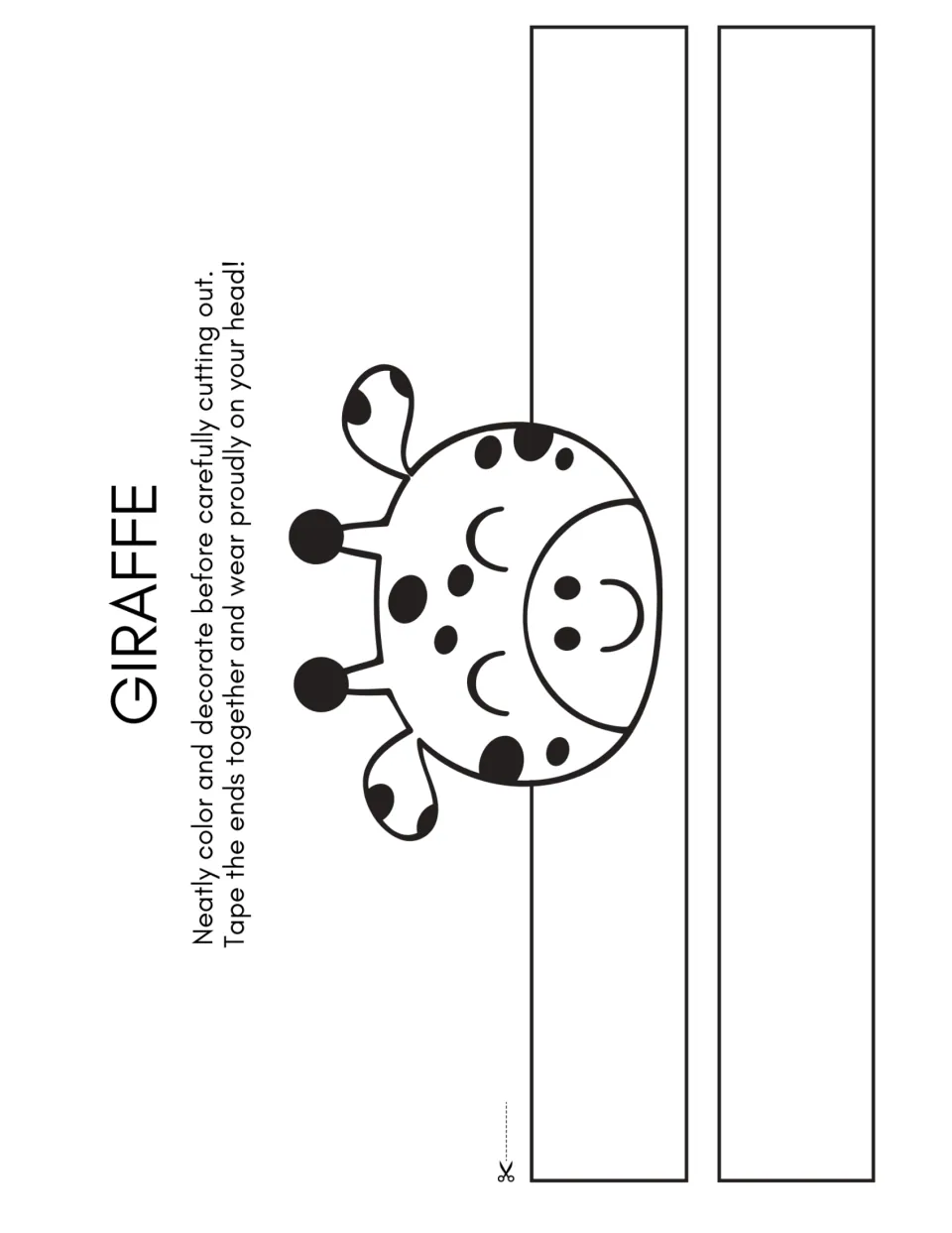 Giraffe headband template for the dance warm-up craft, with a spotted face to color, cut out, and assemble