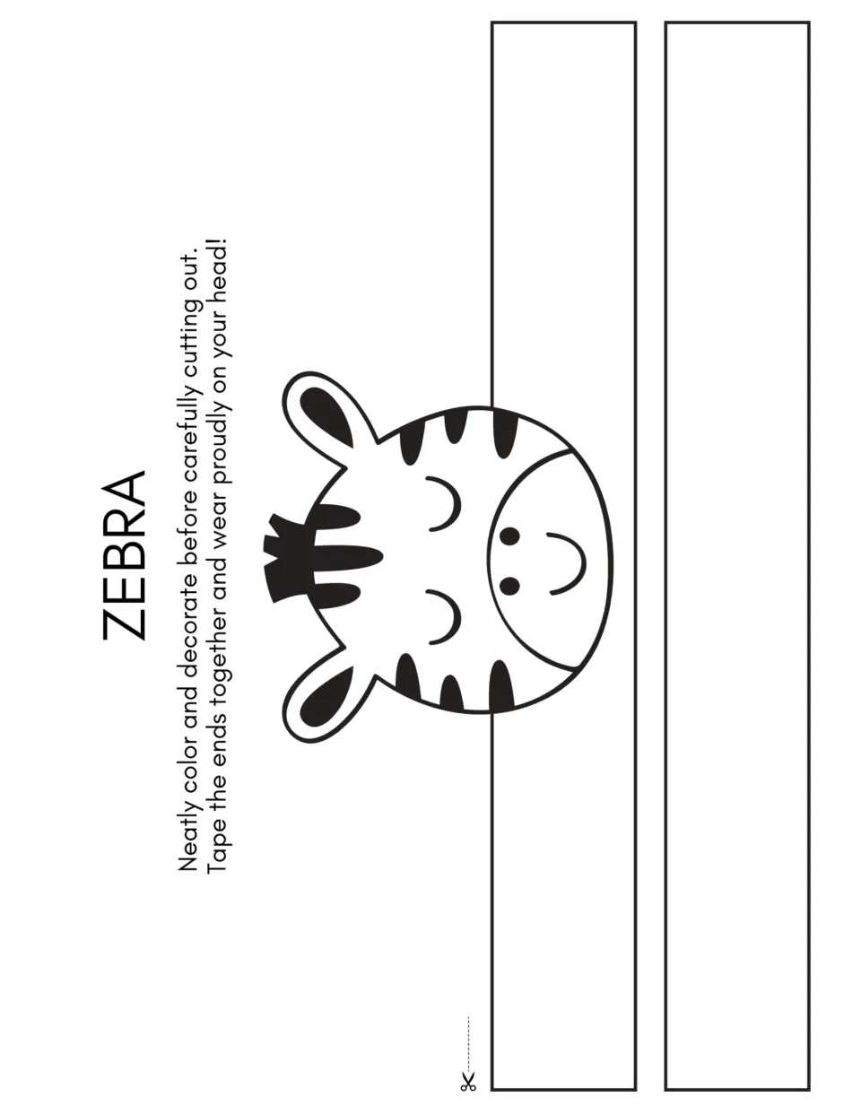 Zebra headband template for the dance warm-up craft, with a striped face to color, cut out, and tape together